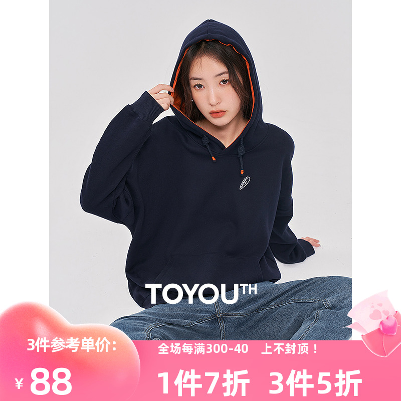 TOYOUTH初语2022新款卫衣女冬季连帽抽绳刺绣加绒柔软宽松上衣