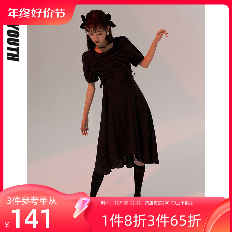 TOYOUTH初语连衣裙女夏季新款压花肌理感显瘦圆领气质小黑裙