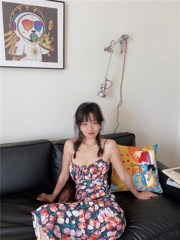 游园小公主法式复古连衣裙 郁金香印花甜美性感度假吊带鱼尾长裙