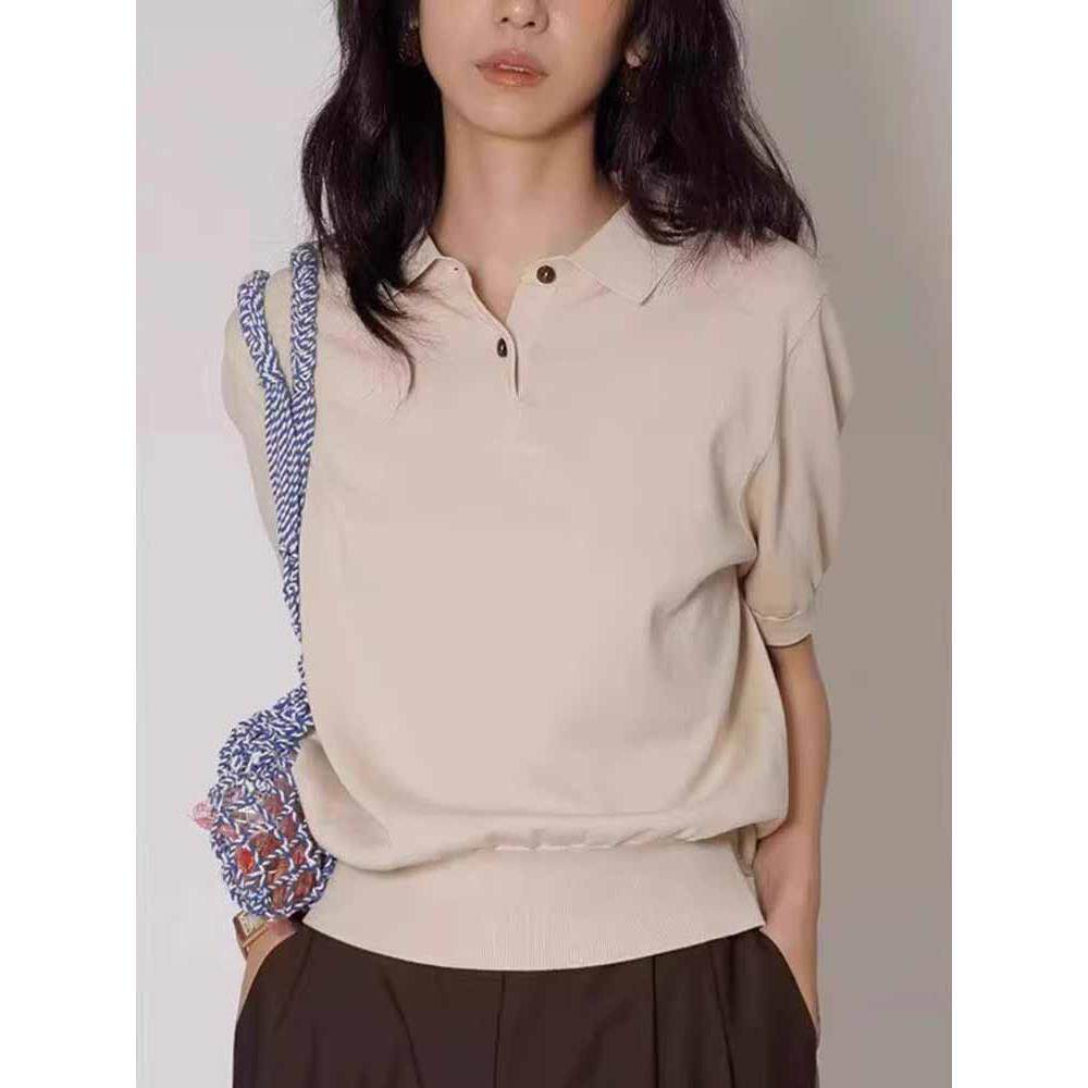 正肩杏色polo领冰丝短袖t恤女夏季设计感小众别致洋气针织衫上衣
