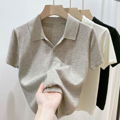 Polo领短袖针织开衫上衣女装2025年夏季新款翻领显瘦短款T恤小众