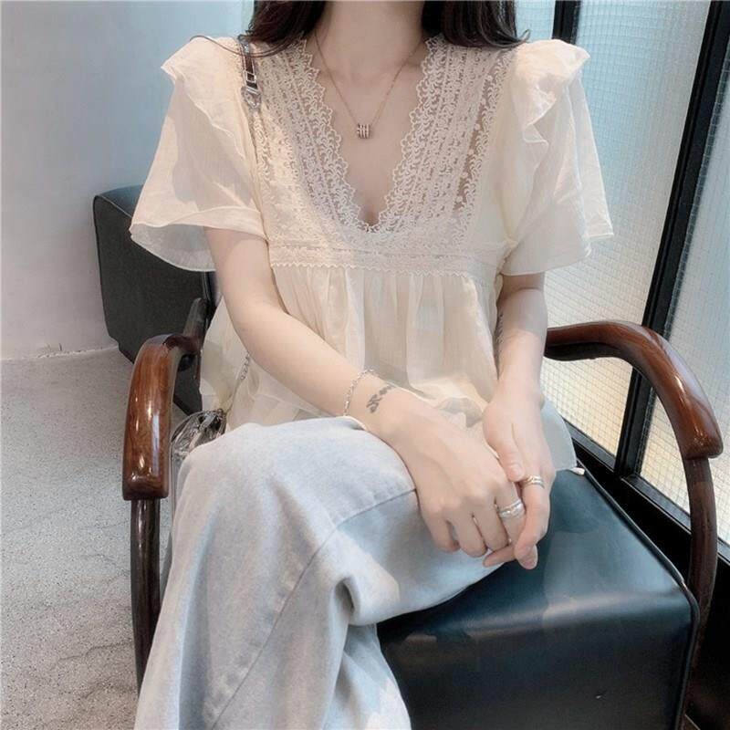 雪纺衫短袖女夏季2025新款洋气宽松韩版小衫蕾丝v领薄款打底上衣