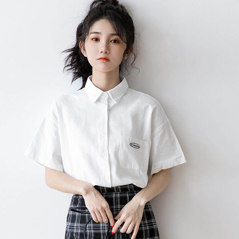 韩国2025年夏季新款白色衬衫女百搭宽松短袖翻领polo衫学生装上衣