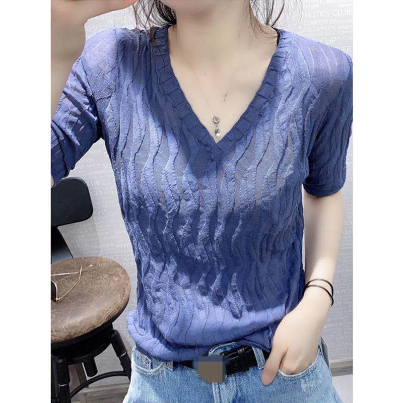 欧货V领冰丝针织上衣女2024新款夏季薄款韩版修身显瘦皱褶短袖t恤