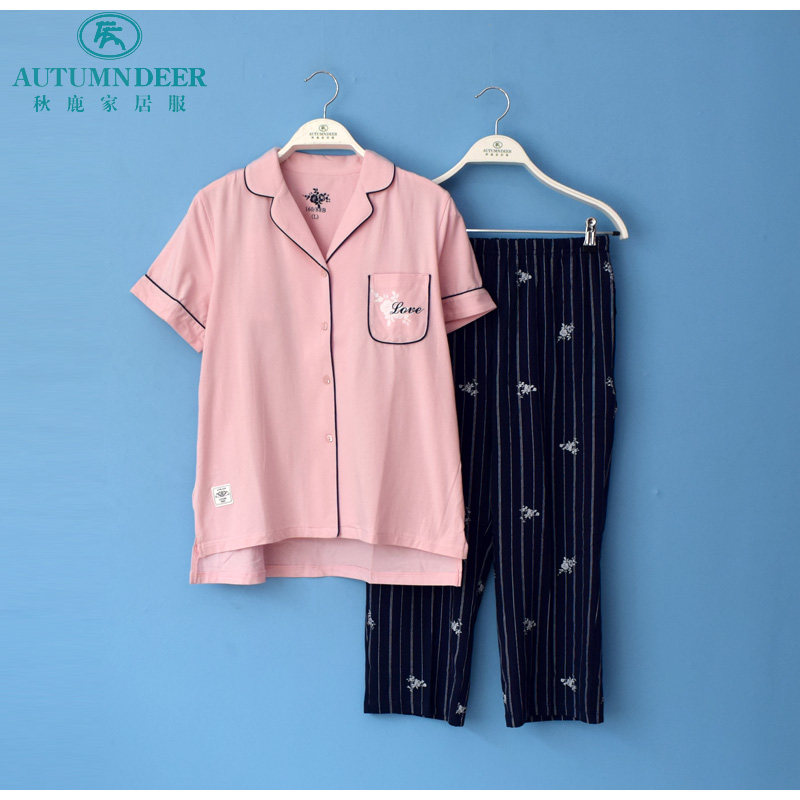 秋鹿睡衣专柜2021春夏女士针织单面棉国民领短袖八分裤薄女开衫套