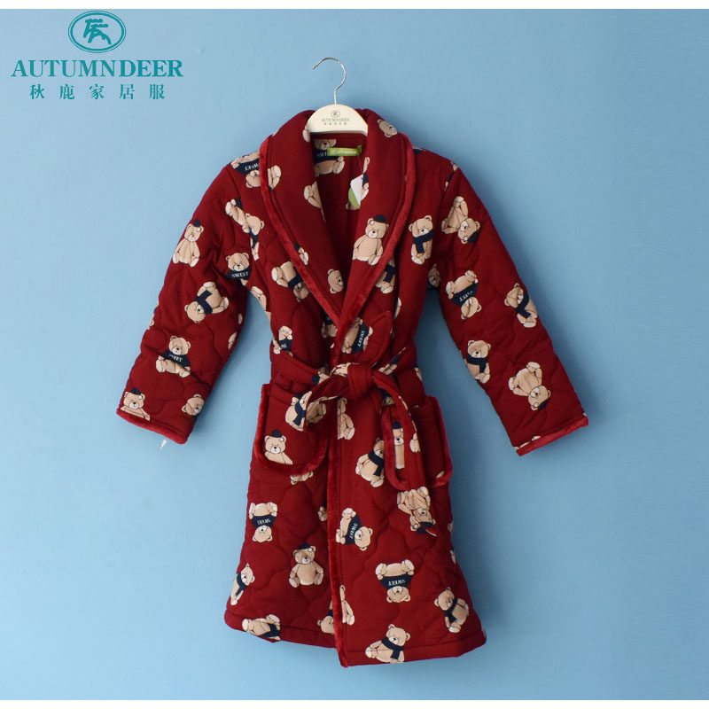 秋鹿睡衣专柜秋冬男女童装纯棉加厚保暖卡通熊夹棉家居服宽松睡袍