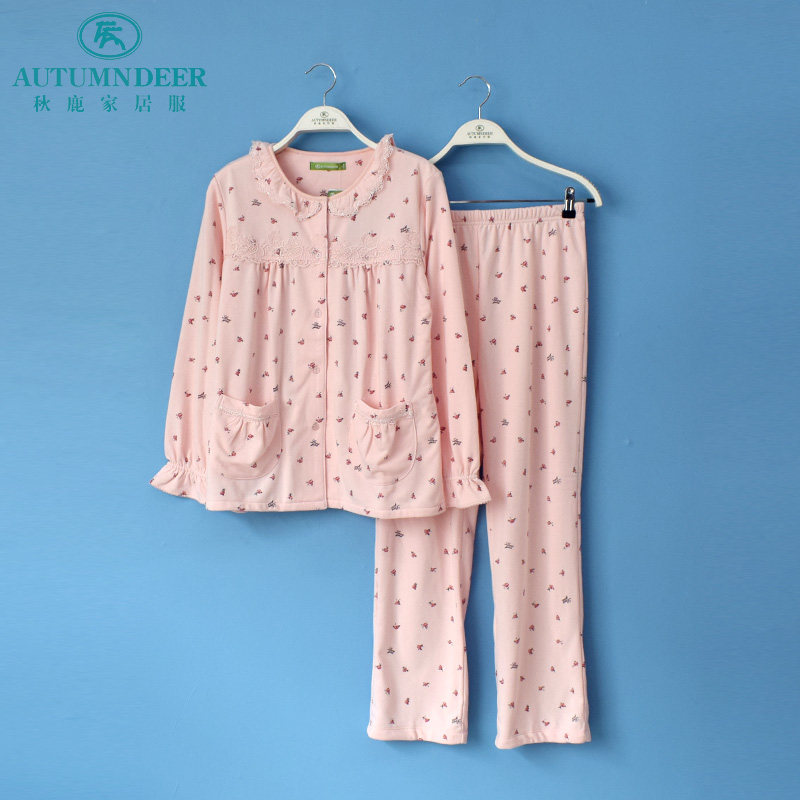 秋鹿睡衣专柜2019秋季女士毛巾棉布印花长袖保暖大码女家居服套装