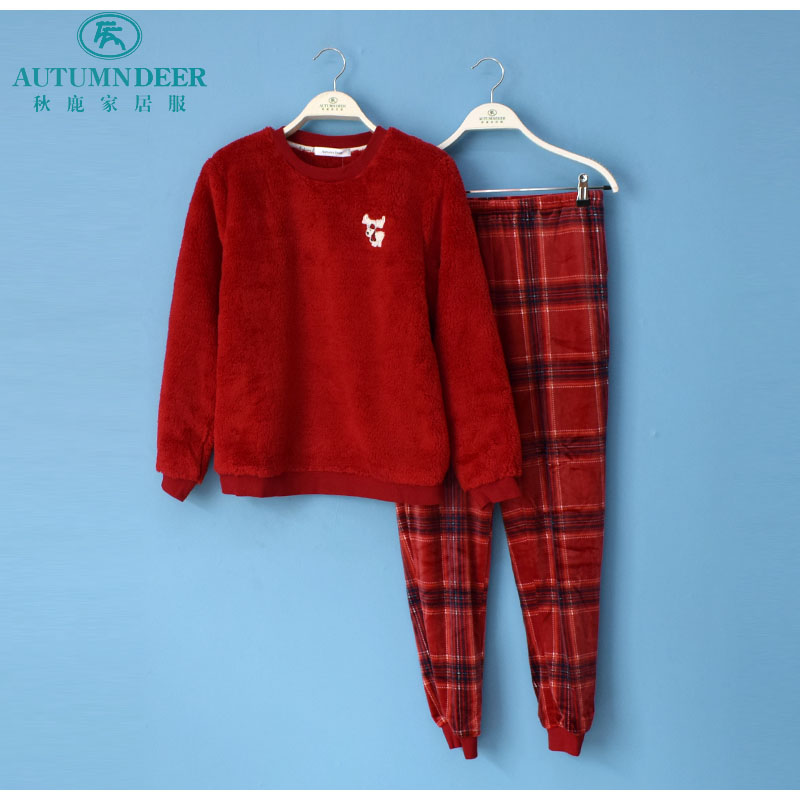 秋鹿睡衣专柜秋冬2020男女北极绒超柔贝贝印花家居服情侣保暖套装