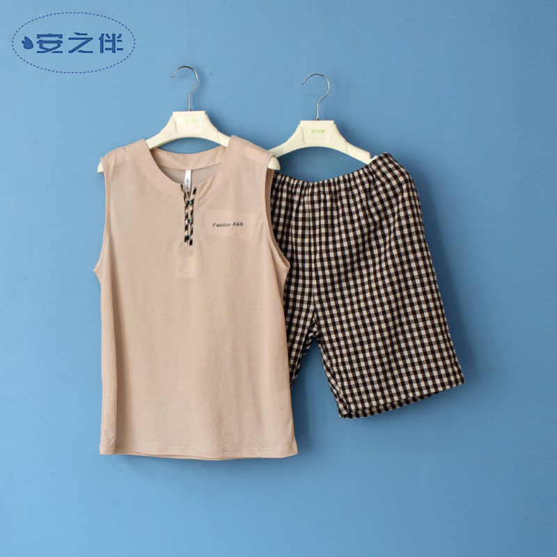 安之伴睡衣专柜正品夏季男士可外穿双面仿麻丝光素色男家居服套装