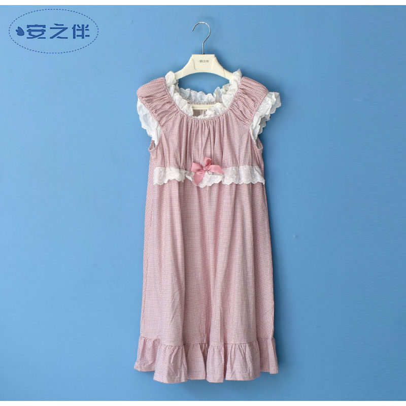 安之伴睡衣睡裙专柜新款春夏季女士棉弹力针织印格插花边短袖女裙