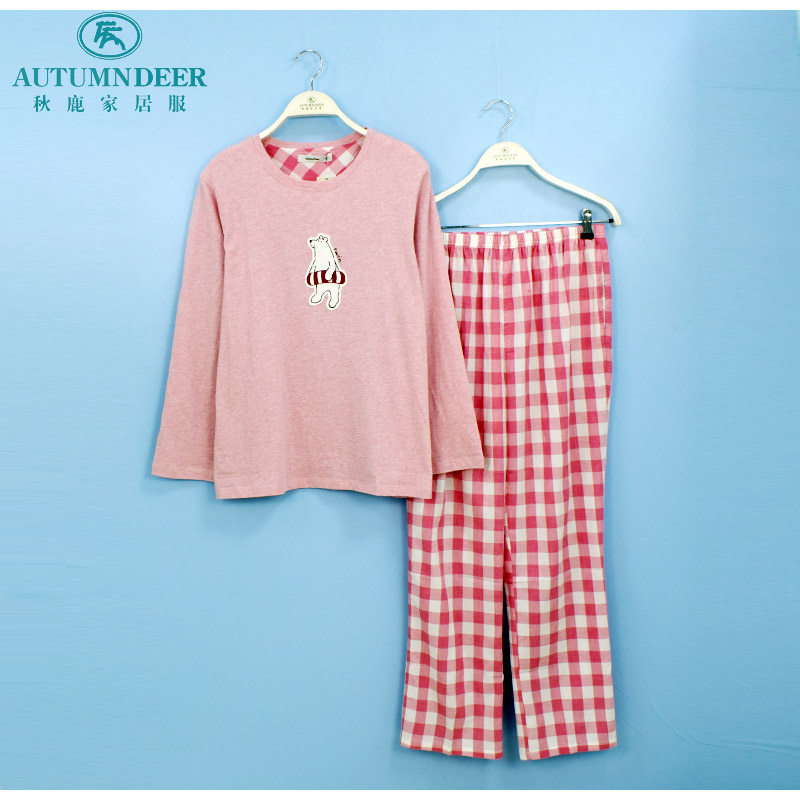 秋鹿睡衣专柜新款纯棉春夏女士印花卡通可爱长袖长裤家居服女套装