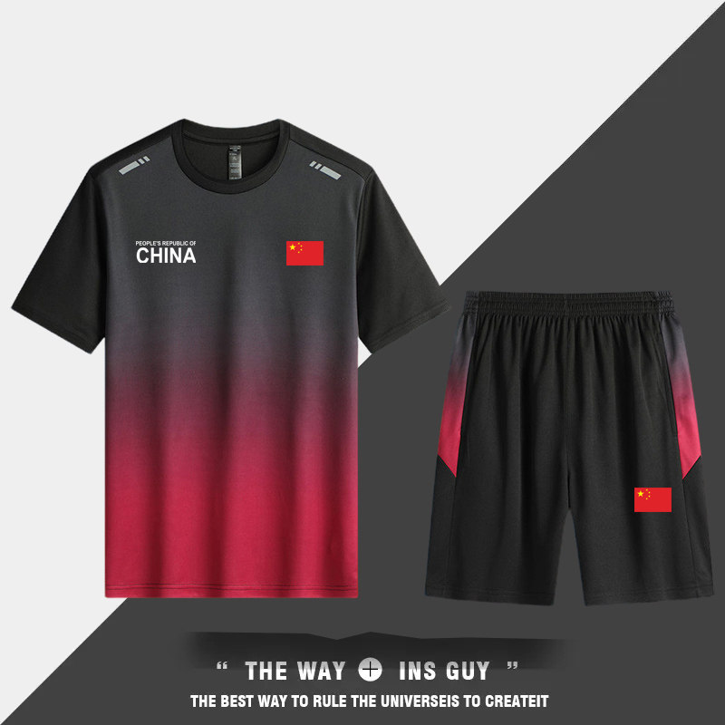 中国队China速干运动套装男夏季短袖短裤健身服篮球羽毛球服定制