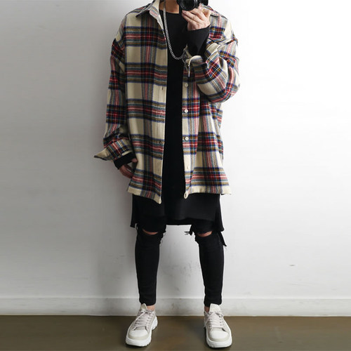 高街格子嘻哈oversize毛呢大衣