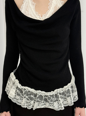 Chictang蕾丝拼接挂脖假两件大V领针织衫修身显瘦上衣女迈呐K0332