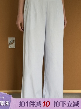 Chictang浅蓝色竖条纹显瘦樱桃刺绣宽松阔腿休闲裤子女迈呐k0331