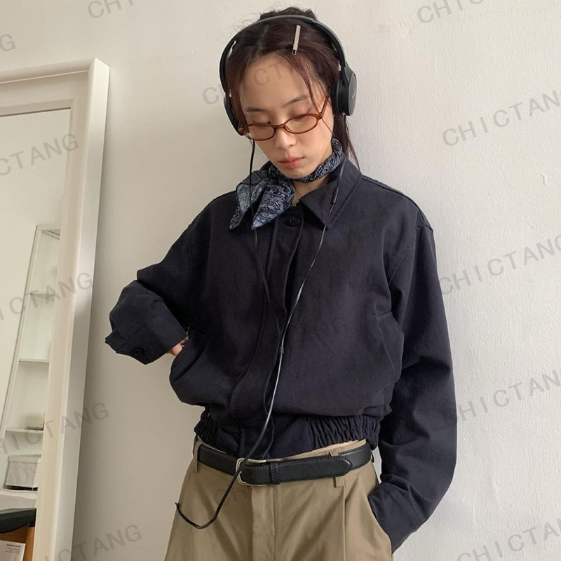 休闲藏青翻领简约小众外套