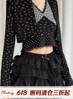 0505格子拼接碎花V领无袖背心女短款开衫上衣两件套恭呐K0331