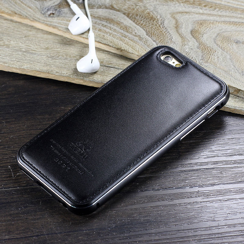 iMatch Luxury Aluminum Metal Bumper Premium Genuine Leather Back Cover Case for Apple iPhone 6S/6 & iPhone 6S Plus/6 Plus