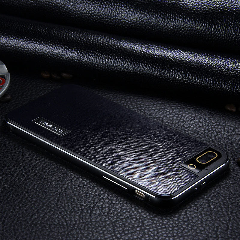iMatch Luxury Aluminum Metal Bumper Premium Genuine Leather Back Cover Case with Kickstand for Apple iPhone 7 Plus & iPhone 7