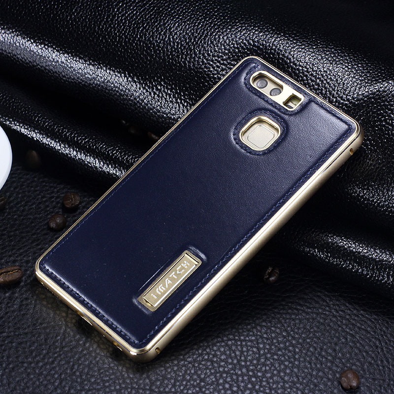 iMatch Luxury Aluminum Metal Bumper Premium Genuine Leather Back Cover Case for Huawei P9 Plus & Huawei P9