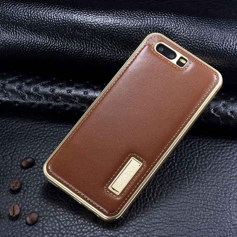 iMatch Luxury Aluminum Metal Bumper Premium Genuine Leather Back Cover Case for Huawei P10 Plus & Huawei P10