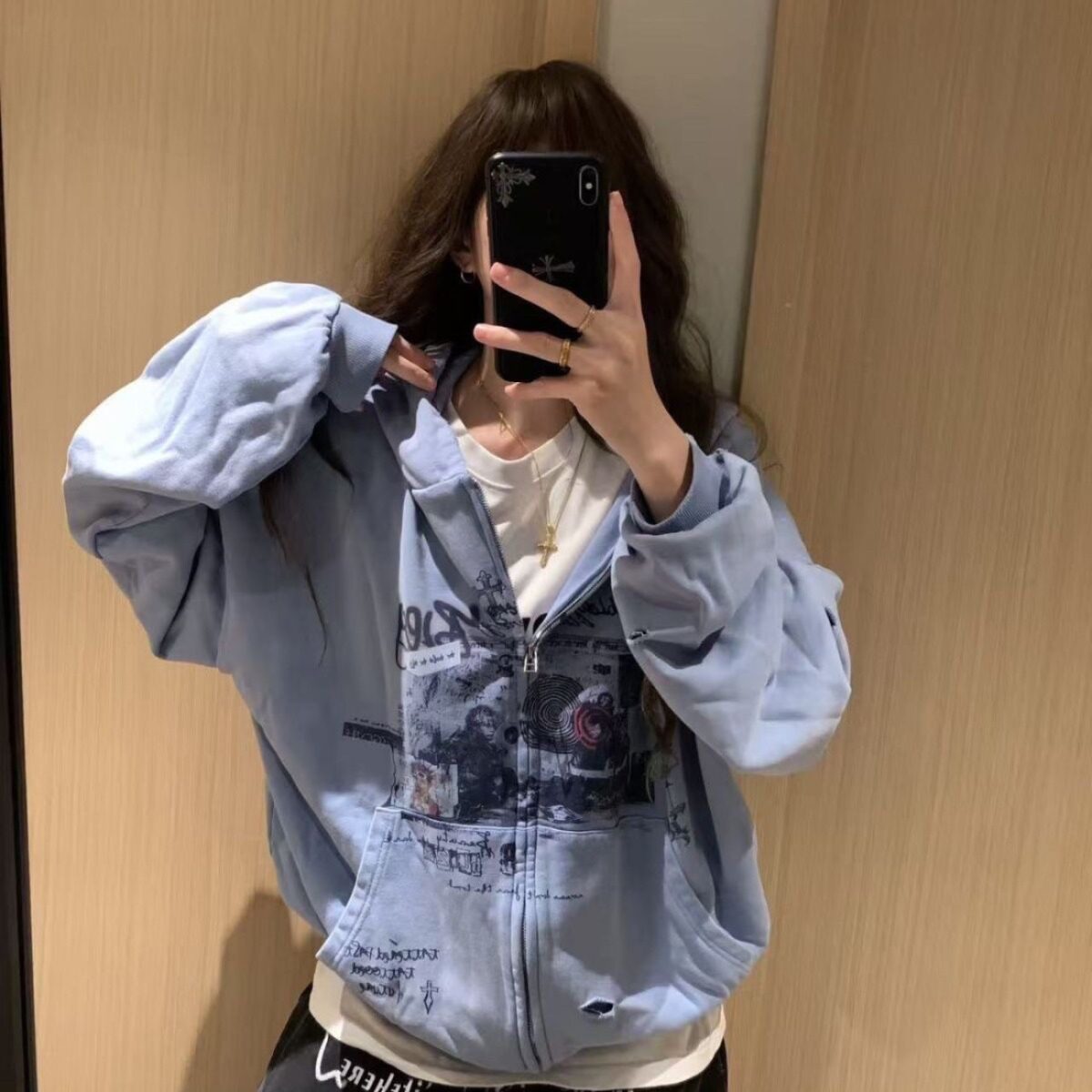 838320克华棉仿棉破洞印花外套少女美式印花复古卫衣破洞连帽