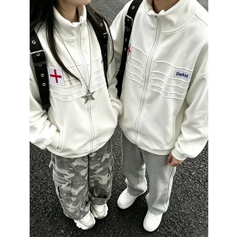 华棉复合毛巾绣英格兰徽章刺绣褶痕男女运动休闲立领开衫外套