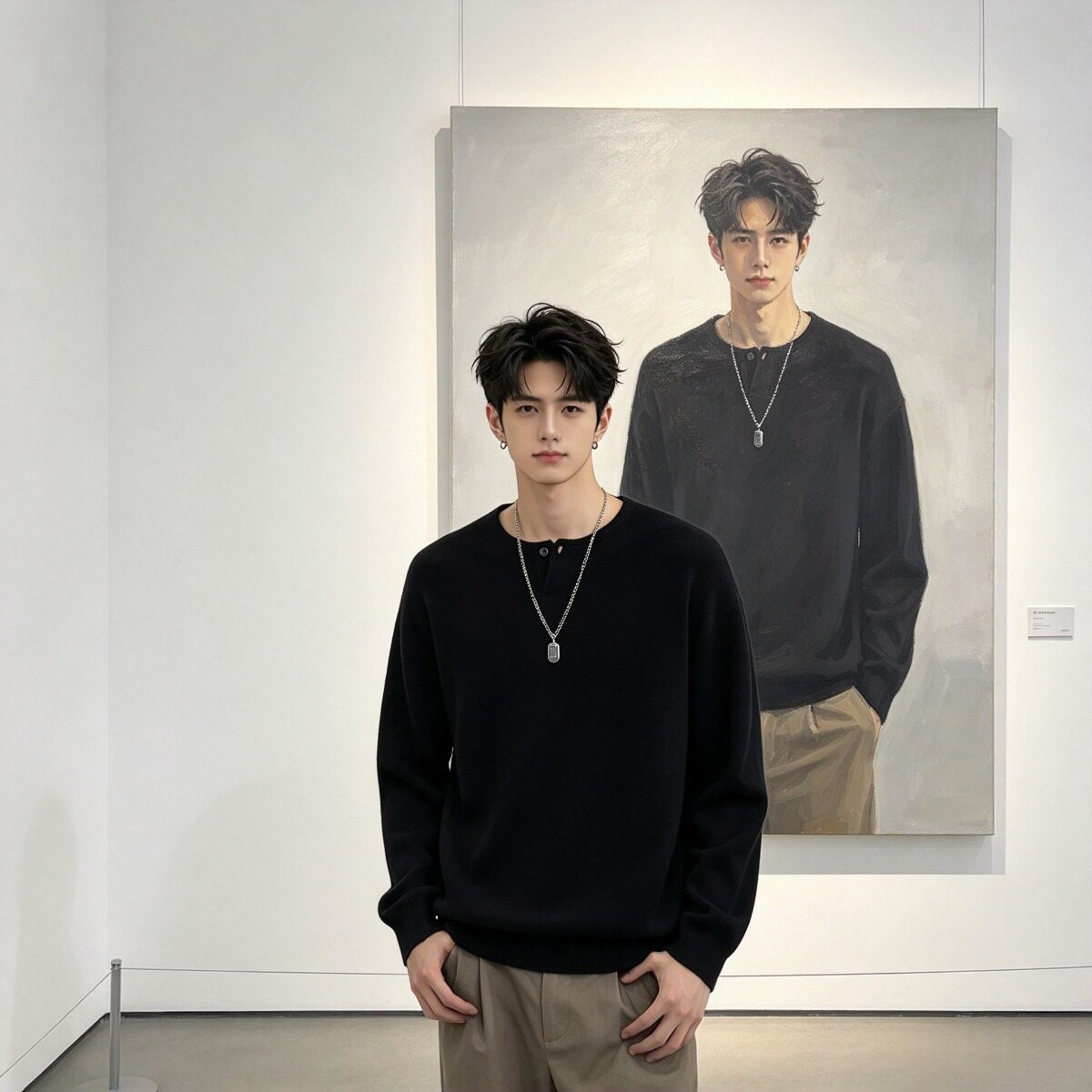 男士小V领一粒扣针织毛衣宽松落肩纯色套头衫简约休闲长袖上衣
