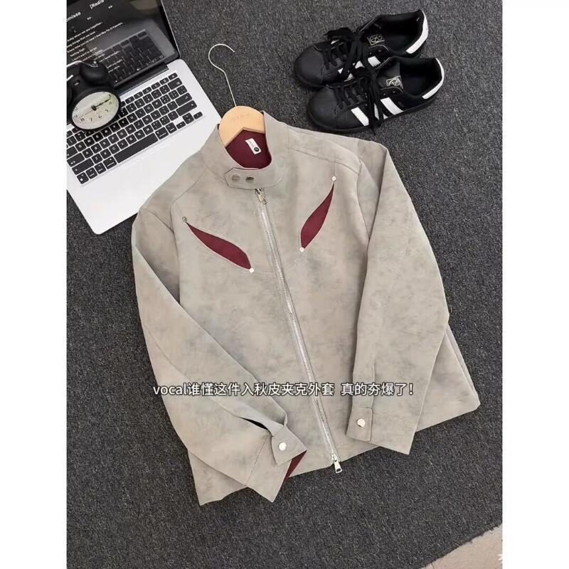 841原版蛋白皮PU无异味皮革小众撞色解构铆钉棒球服立领皮衣