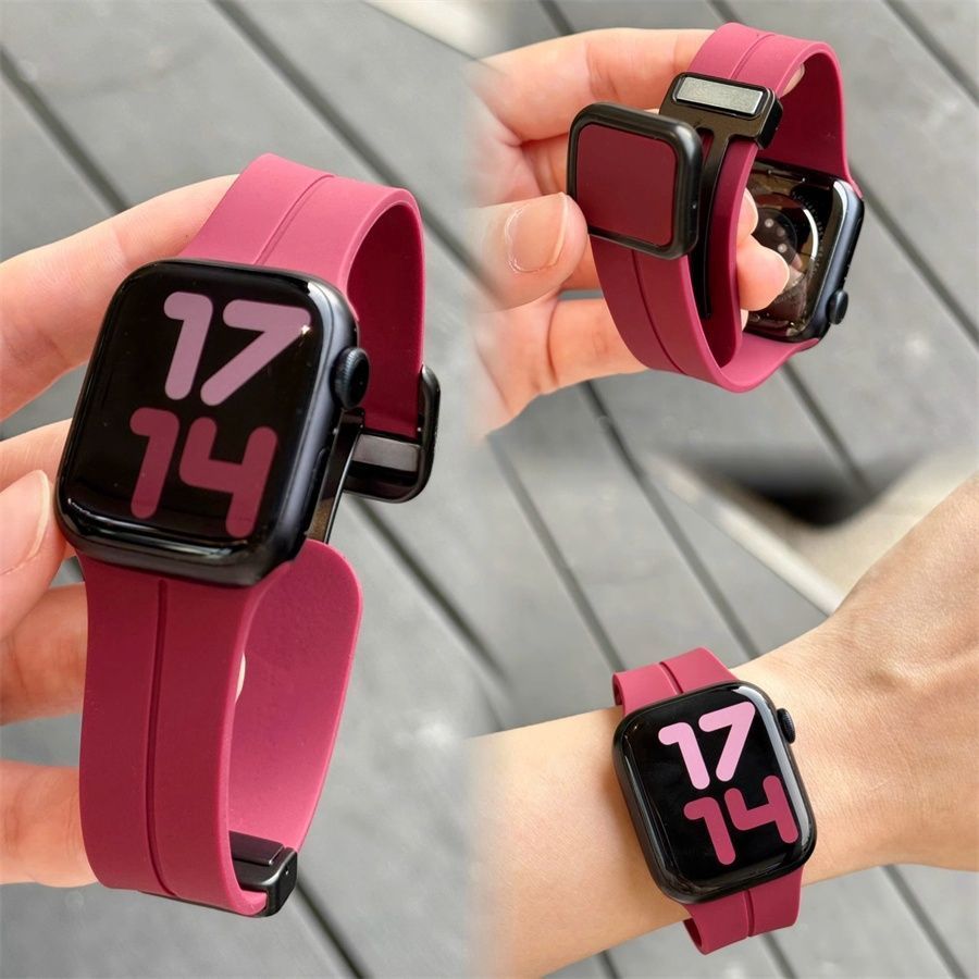 ins适用ApplewatchS9新款方扣磁吸硅胶表带苹果手表876543运动se2