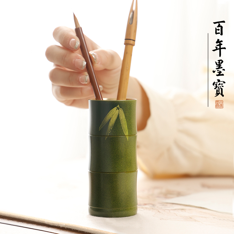 黄铜竹节笔筒 创意中国风毛笔收纳摆件 文房四宝高颜值工艺品礼盒装