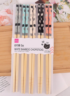 日本大创DAISO猫咪竹筷子家用卡通防滑天然筷子一人一筷白竹筷5双