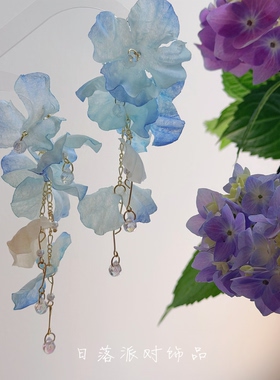 「蓝色花海」日落派对夏天超仙女度假小众蓝色花朵夸张长款耳环