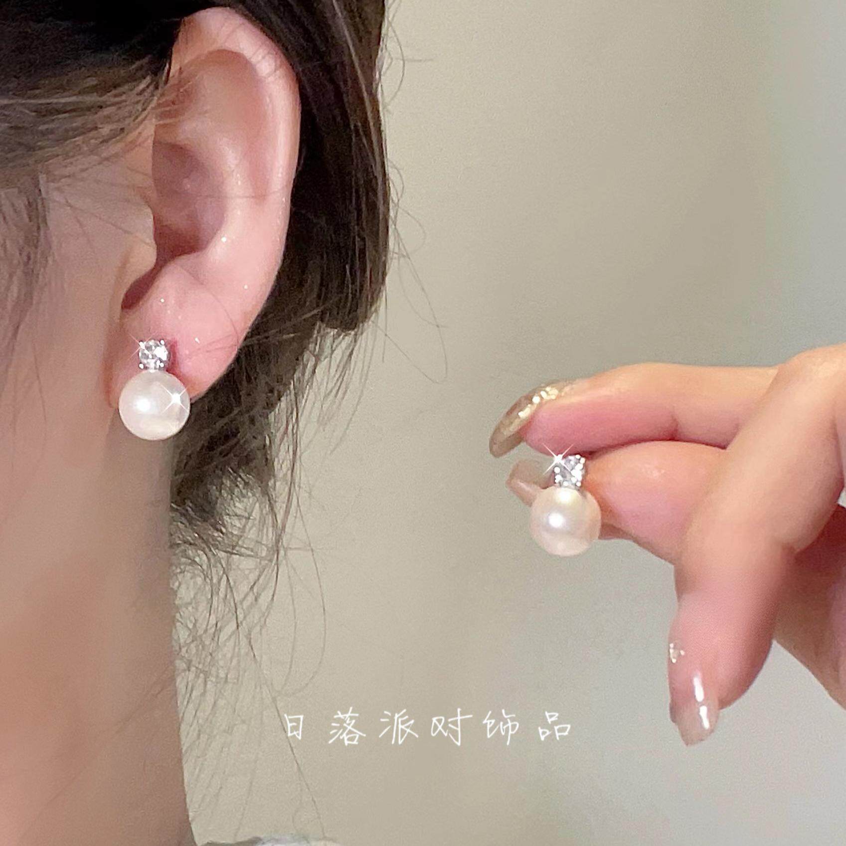 戴妃少女。日落派对简约锆石施家珍珠高级感925银耳钉百搭耳夹女