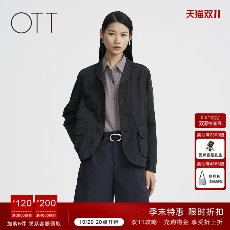 OTT春秋新款圆点提花短款黑色小西装女轻奢薄款设计感休闲外套