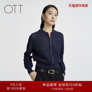 针织衫 OTT春秋新款 修身 女圆领休闲外套上衣短款 镂空拉链毛织开衫