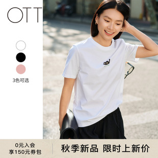 OTT2026夏季女装新款猫咪图案印花圆领短袖女t恤通勤休闲白色上衣