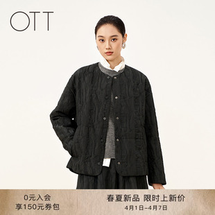 新品 OTT 商场同款 2026春季 提花宽松廓形圆领棉服外套 黑色中式