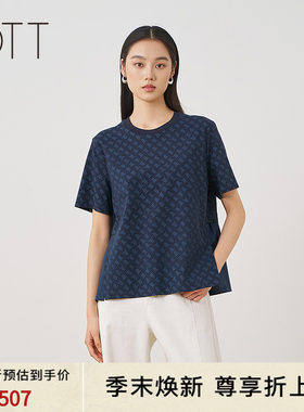 OTT春夏深蓝满幅印花短袖T恤女