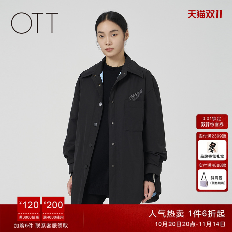 OTT冬季新款衬衫型翻领轻薄简约羽绒服女中长款黑色鸭绒羽绒外套