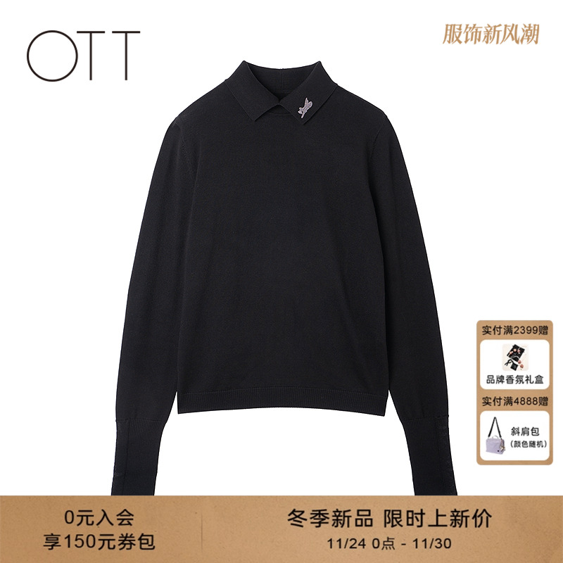 OTT【商场同款】冬季新款黑色百搭100%羊毛套头衫女POLO领针织衫