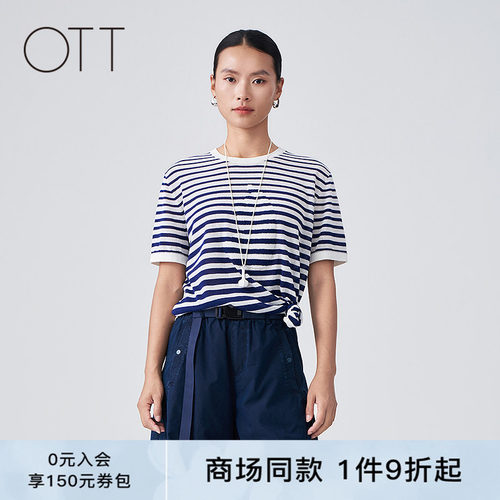 OTT夏季蓝白条纹复古短袖T恤