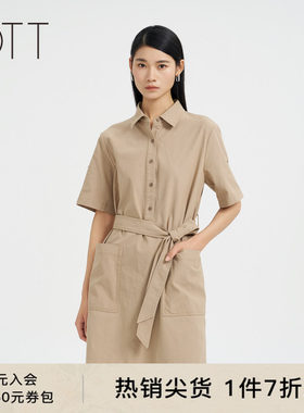 OTT【商场同款】夏新品简约直身POLO衬衫连衣裙宽松系带长裙女装