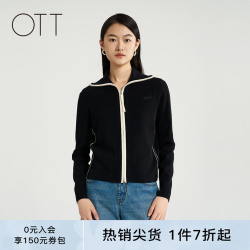 OTT【商场同款】春秋新款黑色撞色针织衫女大翻领短款直身开衫