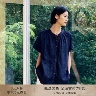 OTT2025夏季新款牛仔圆领短袖衬衣女复古简约T恤衬衫棉麻混纺上衣
