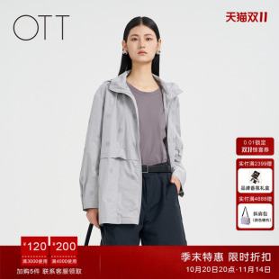 OTT春秋新款 连帽外套女宽松休闲轻薄上衣 灰色波点印花一手长短款