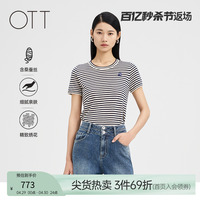 OTT2024夏新品轻简修身版国风熊猫绣花经典条纹短袖套头衫女装