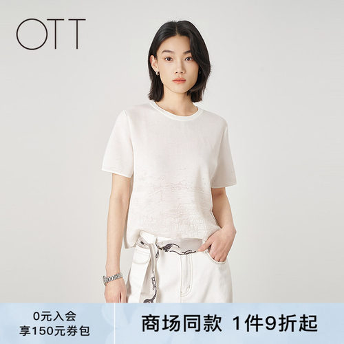 OTT夏季白色镂空针织T恤女