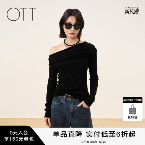 OTT春季黑色斜肩修身女针织衫