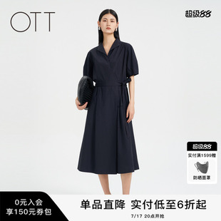 OTT【商场同款】夏新品松量剪裁简约X型V领收腰显瘦连衣裙女装